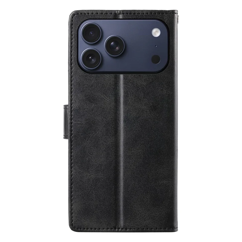 Voor iPhone 17 Pro Max Hoesje Stand Wallet Kalfsstructuur PU Leren Flip Hoesje met Polsbandje - Zwart