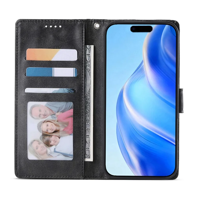 Voor iPhone 17 Pro Max Hoesje Stand Wallet Kalfsstructuur PU Leren Flip Hoesje met Polsbandje - Zwart