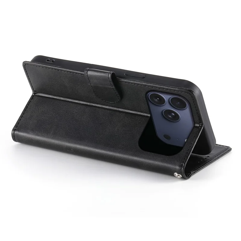 Voor iPhone 17 Pro Max Hoesje Stand Wallet Kalfsstructuur PU Leren Flip Hoesje met Polsbandje - Zwart