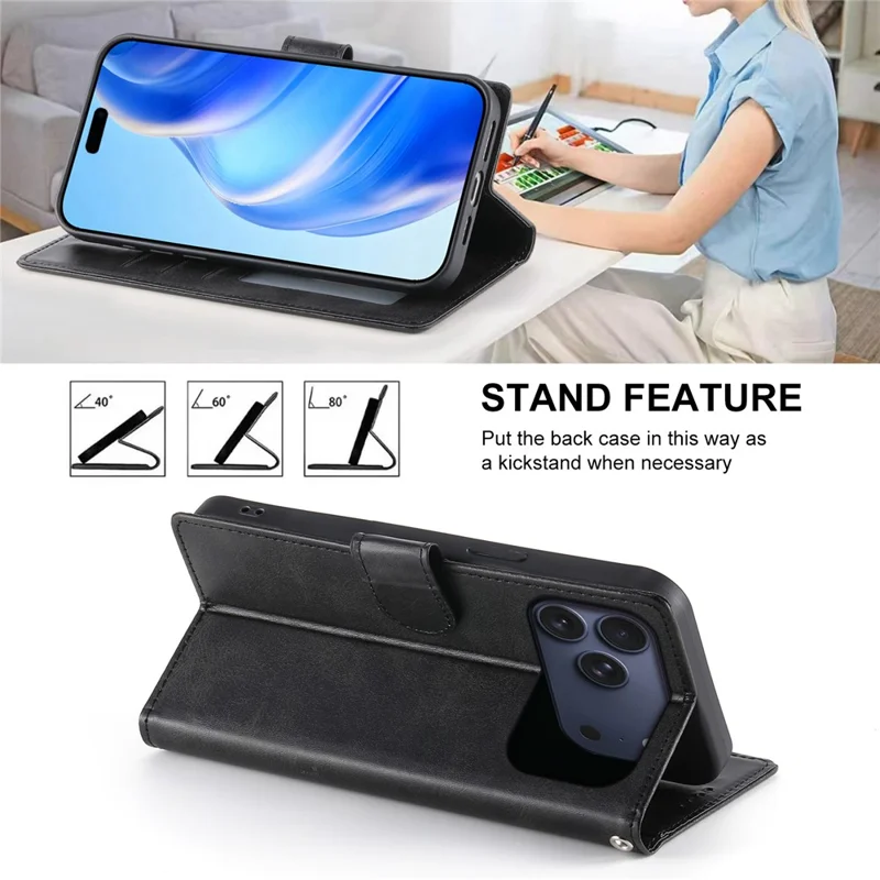 Voor iPhone 17 Pro Max Hoesje Stand Wallet Kalfsstructuur PU Leren Flip Hoesje met Polsbandje - Zwart
