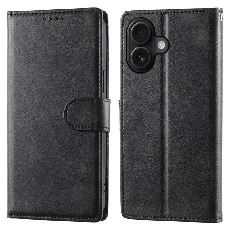Capa para iPhone 16 com Suporte e Carteira, Textura de Bezerro, Couro PU, Capa de Telefone Flip com Alça de Pulso - Preto