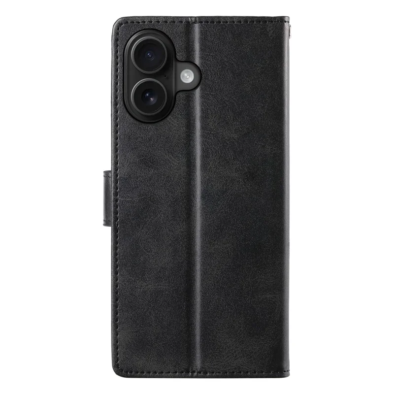 Capa para iPhone 16 com Suporte e Carteira, Textura de Bezerro, Couro PU, Capa de Telefone Flip com Alça de Pulso - Preto