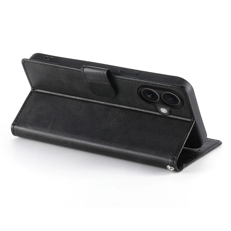 Capa para iPhone 16 com Suporte e Carteira, Textura de Bezerro, Couro PU, Capa de Telefone Flip com Alça de Pulso - Preto