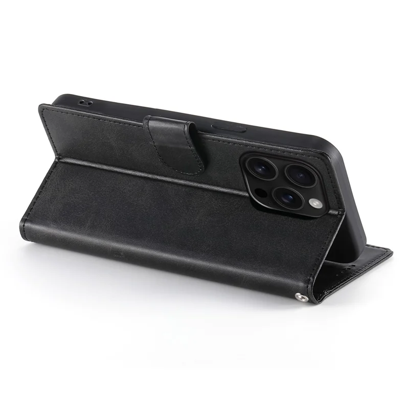 iPhone 16 Pro Hülle Stand Geldbörse Kalbleder-Textur PU-Leder Flip-Handy-Hülle mit Handschlaufe - Schwarz