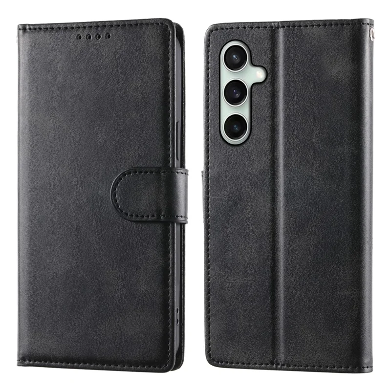 Funda tipo cartera con soporte para Samsung Galaxy S24 FE, textura de piel de ternero, cubierta de teléfono abatible de cuero PU con correa de muñeca - Negro