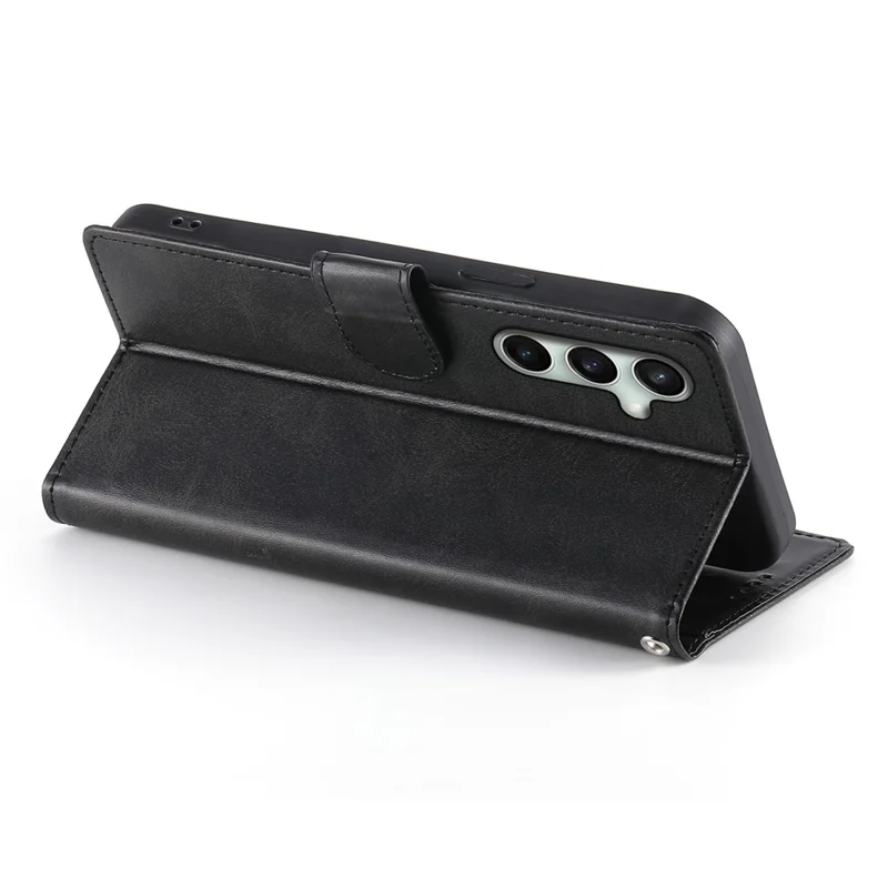 Funda tipo cartera con soporte para Samsung Galaxy S24 FE, textura de piel de ternero, cubierta de teléfono abatible de cuero PU con correa de muñeca - Negro