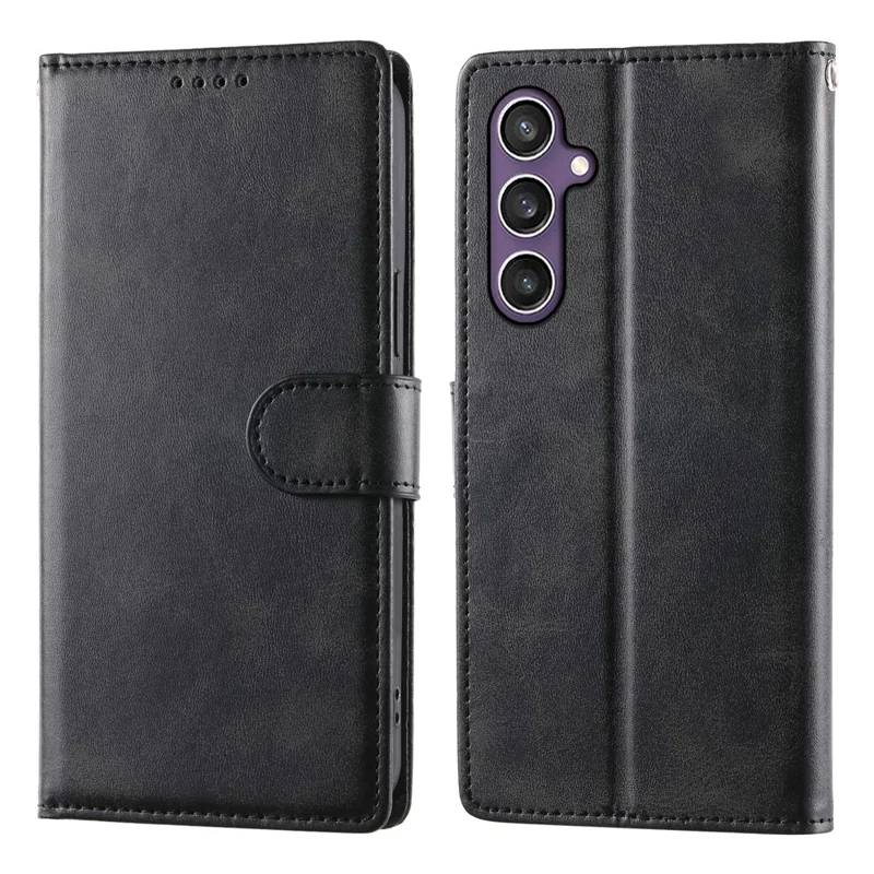 Capa Carteira com Suporte para Samsung Galaxy S25 / S24 em Couro PU Textura de Bezerro, Capa de Telefone Flip com Alça de Pulso - Preto