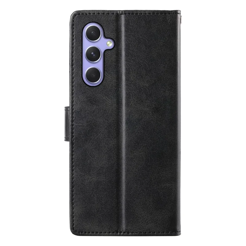 For Samsung Galaxy A55 5G Case Stand Wallet Calf Texture PU Leather Flip Phone Cover with Wrist Strap - Black