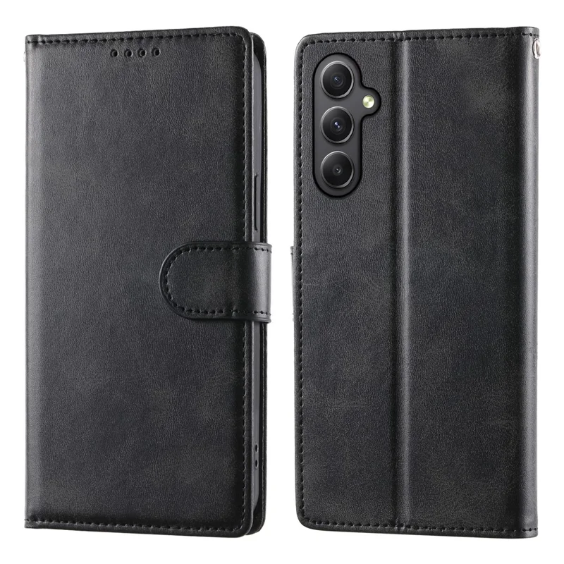 For Samsung Galaxy A35 5G Case Stand Wallet Calf Texture PU Leather Flip Phone Cover with Wrist Strap - Black