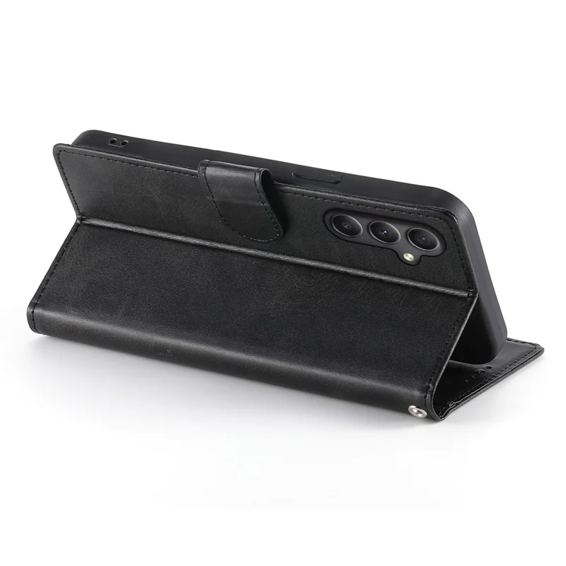 For Samsung Galaxy A35 5G Case Stand Wallet Calf Texture PU Leather Flip Phone Cover with Wrist Strap - Black