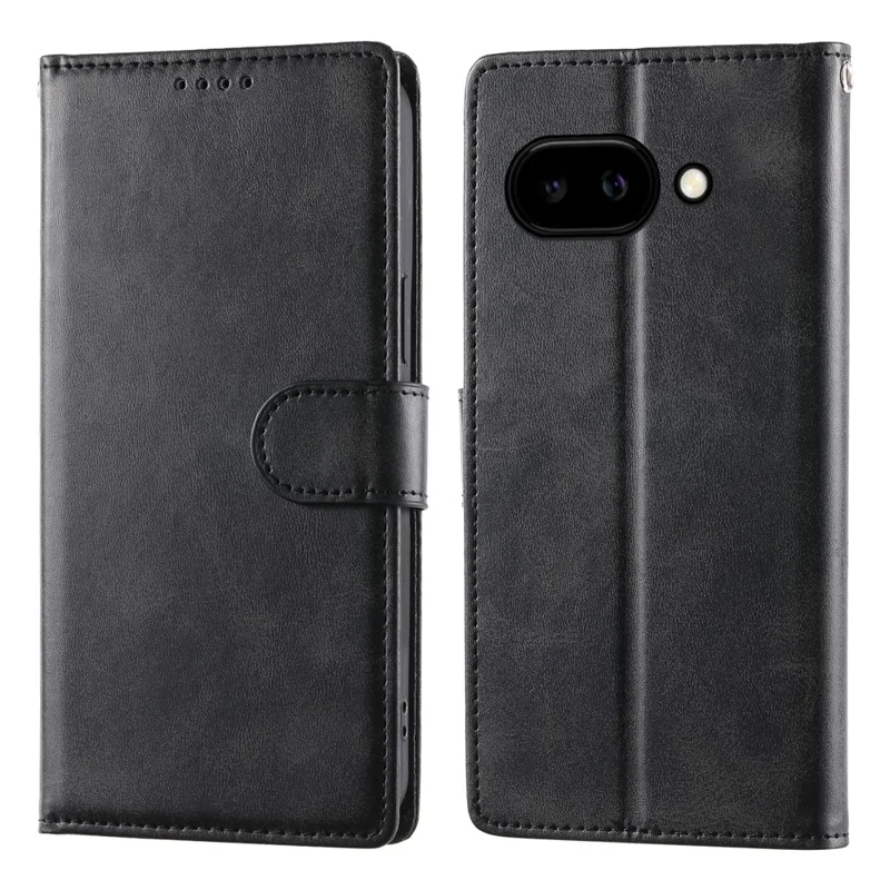 For Google Pixel 9a Case Stand Wallet Calf Texture PU Leather Flip Phone Cover with Wrist Strap - Black