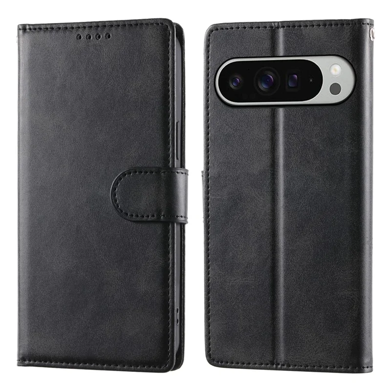 For Google Pixel 9 Pro XL Case Stand Wallet Calf Texture PU Leather Flip Phone Cover with Wrist Strap - Black