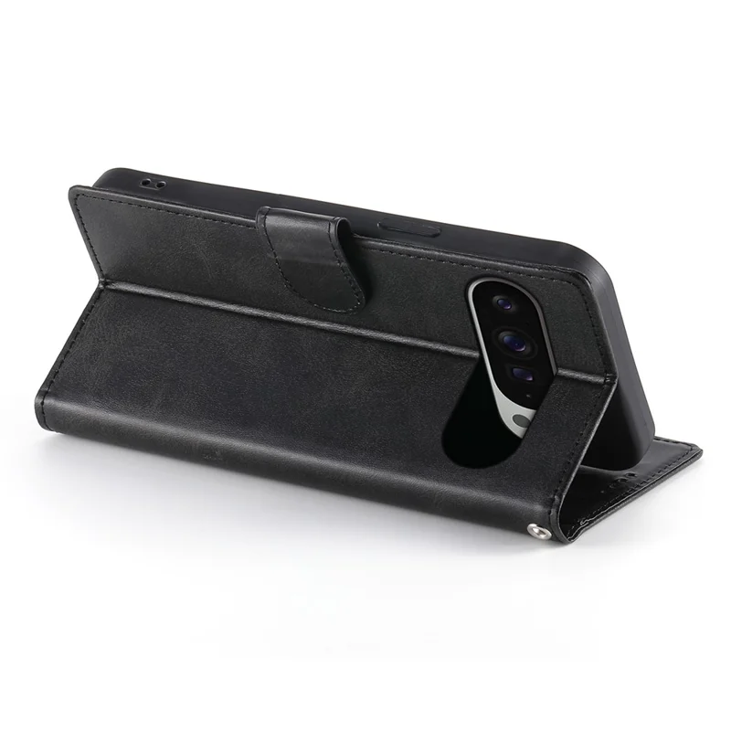 For Google Pixel 9 Pro XL Case Stand Wallet Calf Texture PU Leather Flip Phone Cover with Wrist Strap - Black