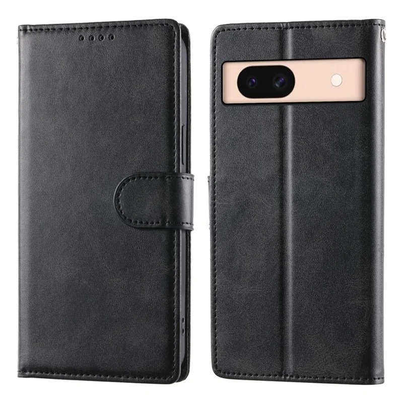 For Google Pixel 8a Case Stand Wallet Calf Texture PU Leather Flip Phone Cover with Wrist Strap - Black