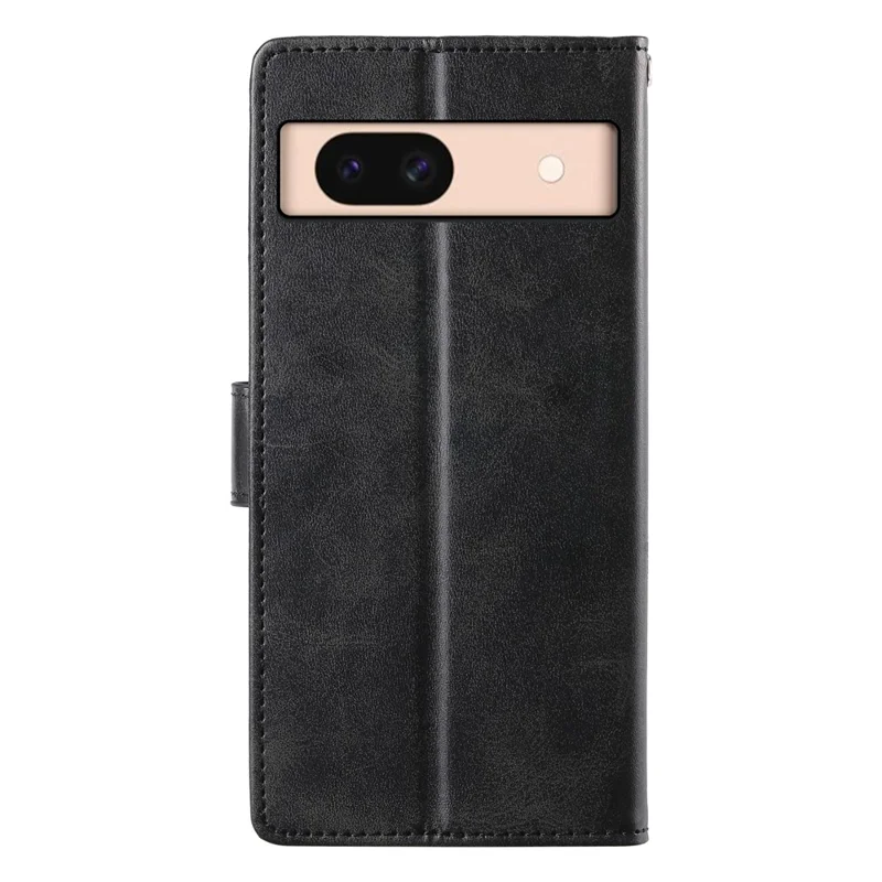 For Google Pixel 8a Case Stand Wallet Calf Texture PU Leather Flip Phone Cover with Wrist Strap - Black