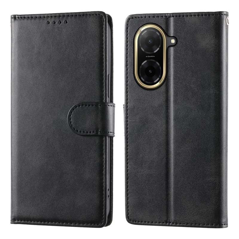 For Xiaomi Redmi A5 NFC (EU) (173.45mm) Case Stand Wallet Calf Texture PU Leather Flip Phone Cover with Wrist Strap - Black
