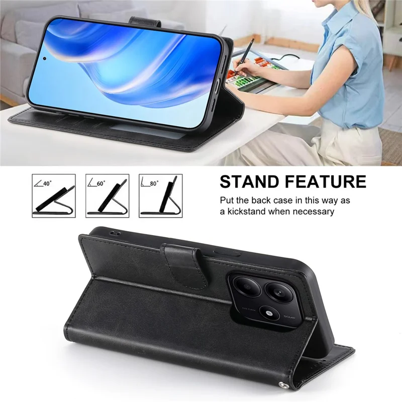 Per Xiaomi Redmi Note 14 5G Custodia Stand Portafoglio Texture Vitello PU Pelle Flip Cover Telefono con Cinturino da Polso - Nero