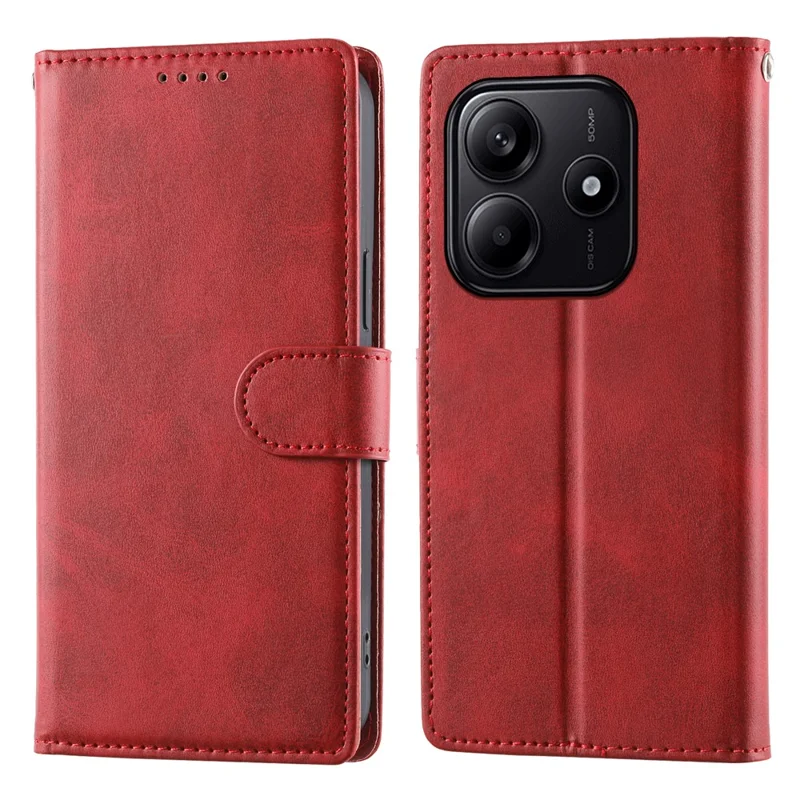 For Xiaomi Redmi Note 14 5G Case Stand Wallet Calf Texture PU Leather Flip Phone Cover with Wrist Strap - Red