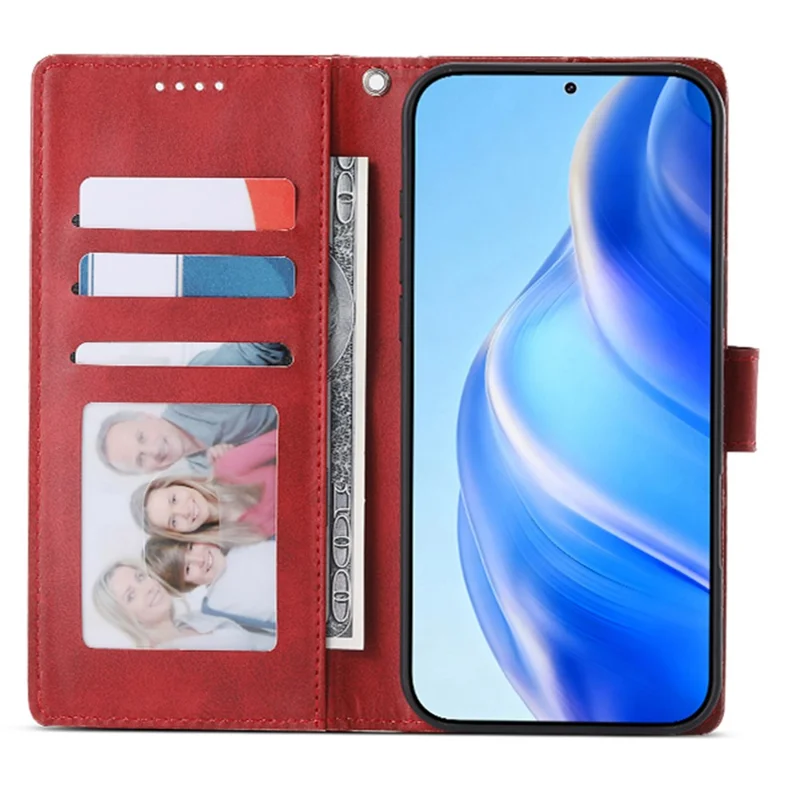 For Xiaomi Redmi Note 14 5G Case Stand Wallet Calf Texture PU Leather Flip Phone Cover with Wrist Strap - Red