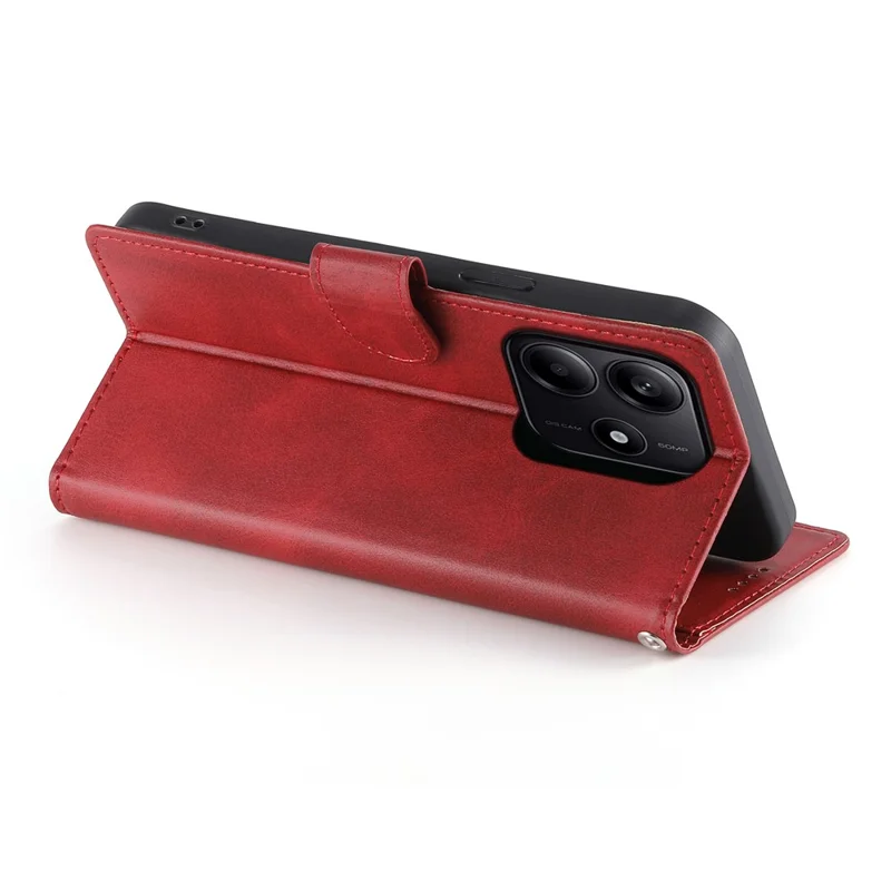 For Xiaomi Redmi Note 14 5G Case Stand Wallet Calf Texture PU Leather Flip Phone Cover with Wrist Strap - Red
