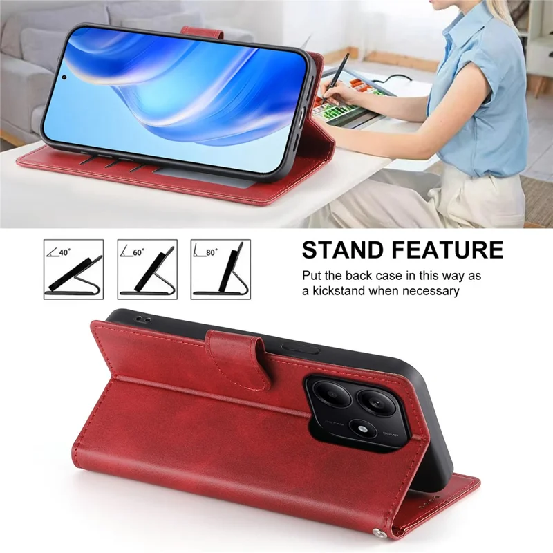 For Xiaomi Redmi Note 14 5G Case Stand Wallet Calf Texture PU Leather Flip Phone Cover with Wrist Strap - Red