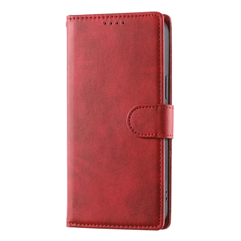 For Xiaomi Redmi Note 14 5G Case Stand Wallet Calf Texture PU Leather Flip Phone Cover with Wrist Strap - Red