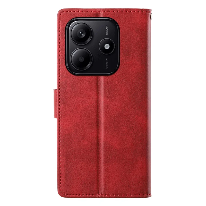 For Xiaomi Redmi Note 14 5G Case Stand Wallet Calf Texture PU Leather Flip Phone Cover with Wrist Strap - Red