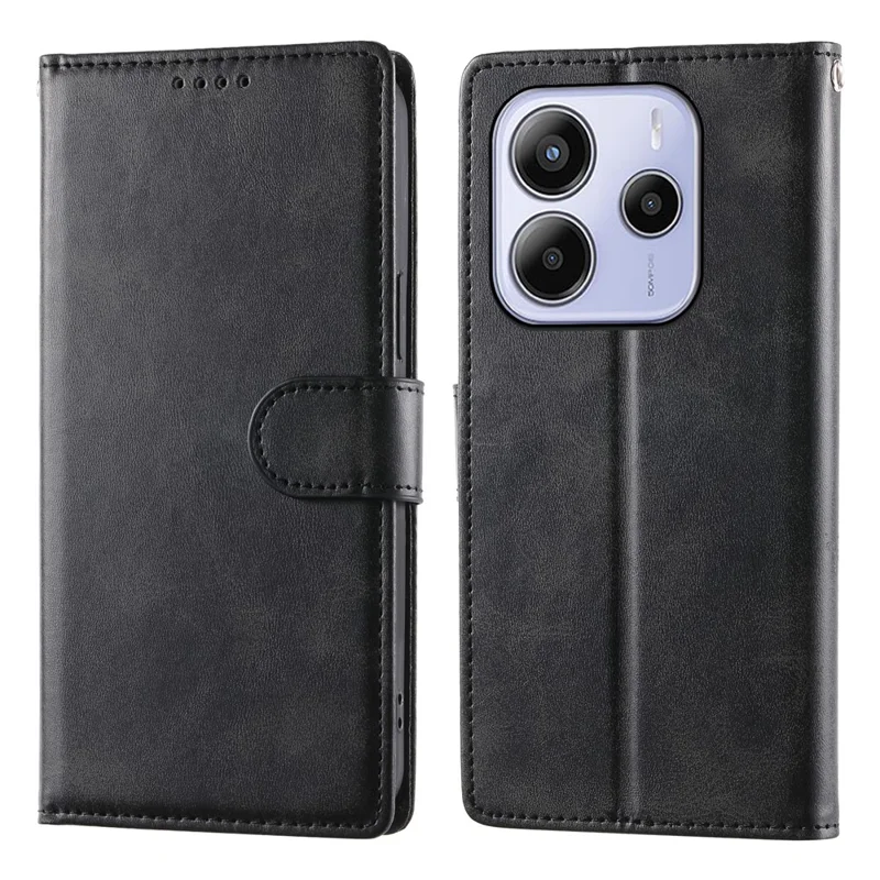 Per Xiaomi Redmi Note 14 4G (163,25 mm) Custodia Stand Portafoglio Texture Vitello PU Pelle Flip Cover Telefono con Cinturino da Polso - Nero
