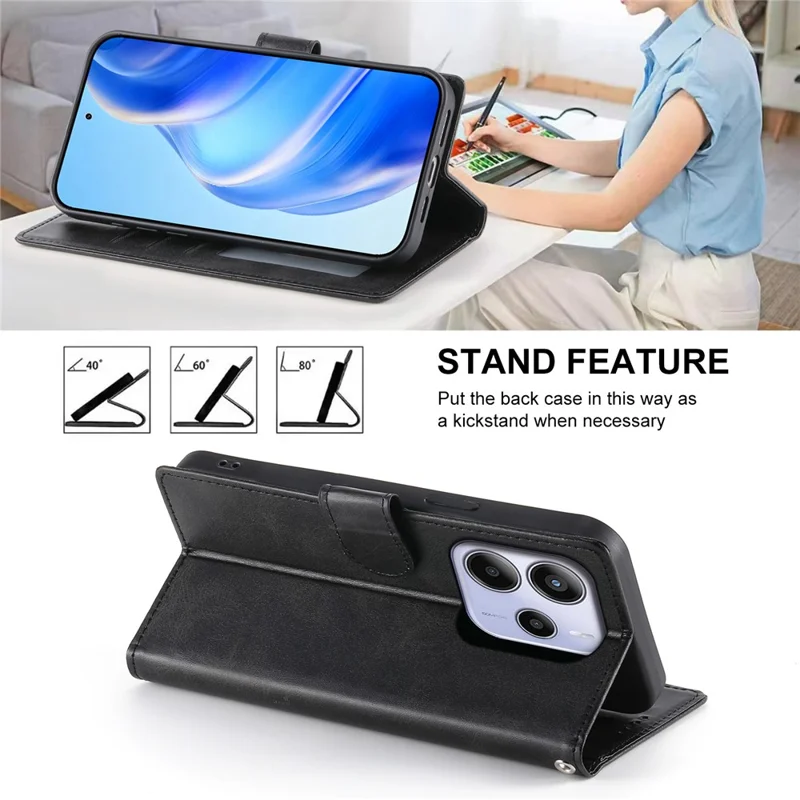 Per Xiaomi Redmi Note 14 4G (163,25 mm) Custodia Stand Portafoglio Texture Vitello PU Pelle Flip Cover Telefono con Cinturino da Polso - Nero