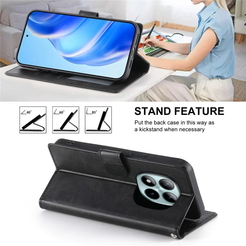 Per Xiaomi Redmi Note 15 Pro+ 5G Custodia Stand Portafoglio Texture Vitello Pelle PU Flip Cover Telefono con Cinturino da Polso - Nero
