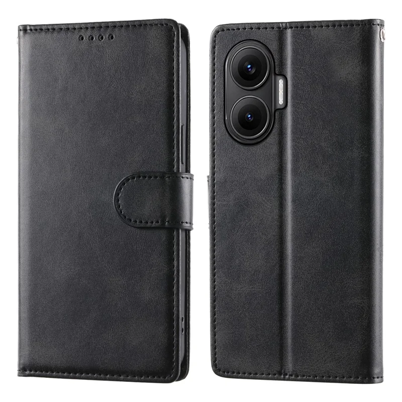 غطاء لهاتف شاومي ريدمي توربو 4 برو 5G / بوكو إف 7 5G مع حامل ومحفظة وملمس جلد العجل من جلد البولي يوريثان الاصطناعي مع حزام معصم - أسود