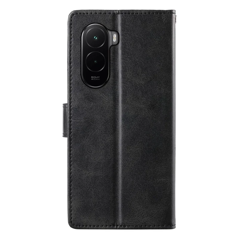Capa Carteira para Xiaomi Poco M7 4G (169mm) com Suporte, Textura de Couro de Bezerro em PU, Flip, Alça de Pulso - Preto