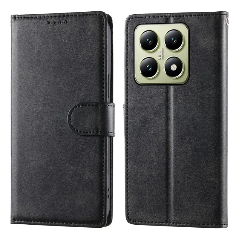 For Xiaomi 14T Case Stand Wallet Calf Texture PU Leather Flip Phone Cover with Wrist Strap - Black