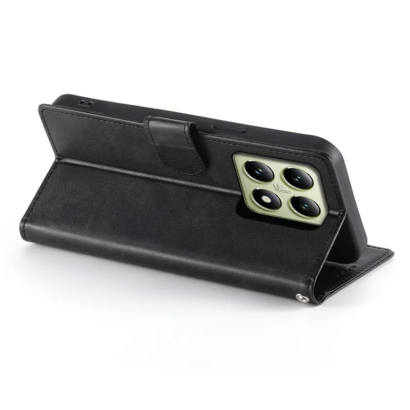 For Xiaomi 14T Case Stand Wallet Calf Texture PU Leather Flip Phone Cover with Wrist Strap - Black