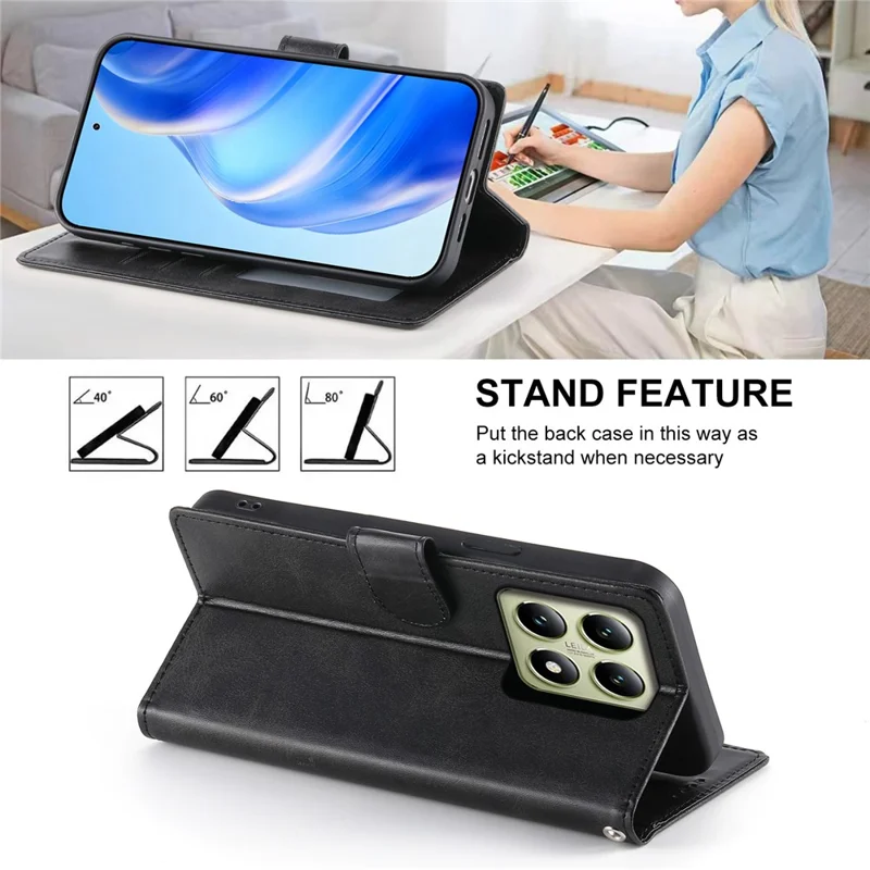 For Xiaomi 14T Case Stand Wallet Calf Texture PU Leather Flip Phone Cover with Wrist Strap - Black