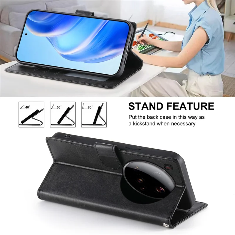 Étui Xiaomi 15 Ultra Debout Portefeuille Texture Veau Cuir PU Flip Housse de téléphone avec Sangle de Poignet - Noir