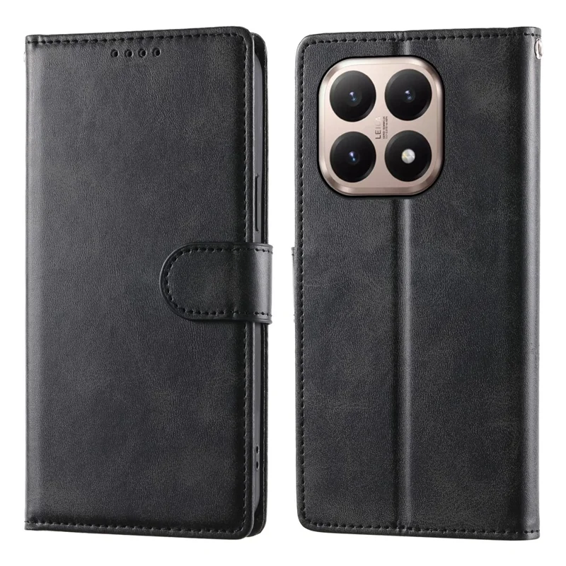 For Xiaomi 15T Case Stand Wallet Calf Texture PU Leather Flip Phone Cover with Wrist Strap - Black