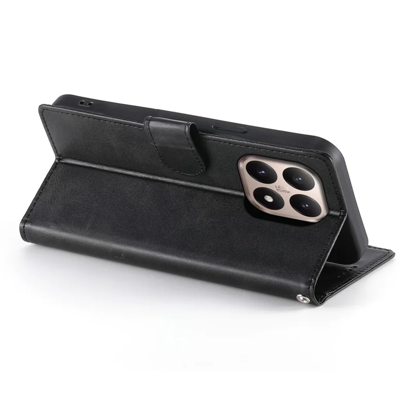 For Xiaomi 15T Case Stand Wallet Calf Texture PU Leather Flip Phone Cover with Wrist Strap - Black