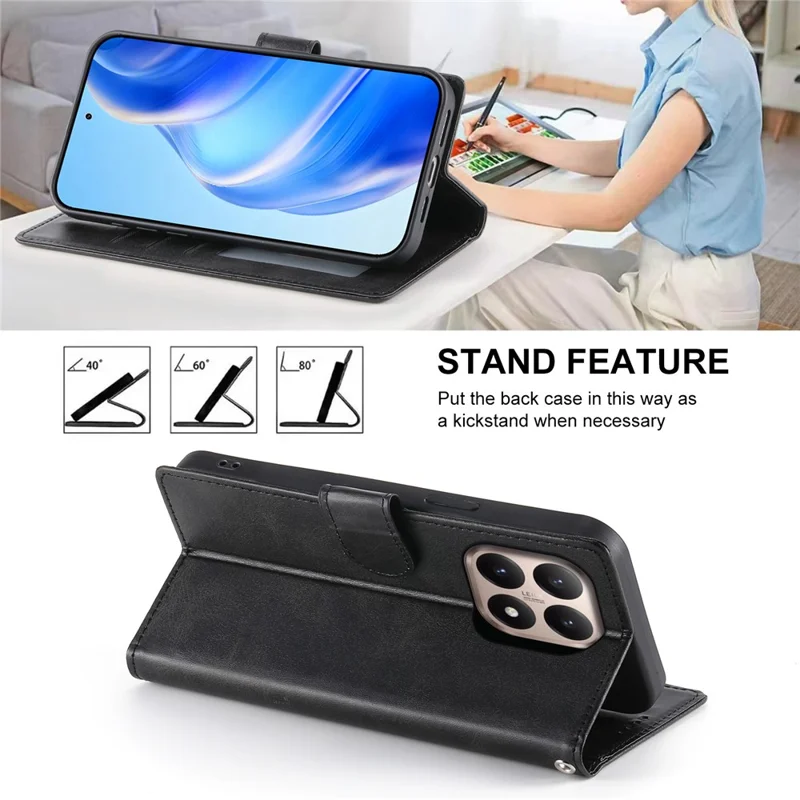 For Xiaomi 15T Case Stand Wallet Calf Texture PU Leather Flip Phone Cover with Wrist Strap - Black