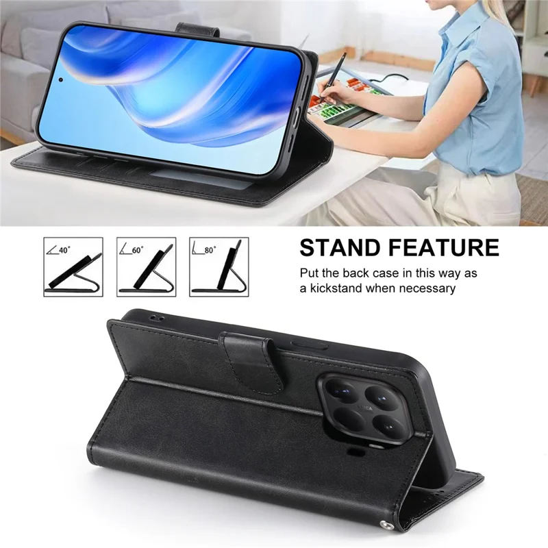 Xiaomi 15T Pro Hülle Ständer Brieftasche Kalbsleder-Textur PU-Leder Flip Handyhülle mit Handschlaufe - Schwarz