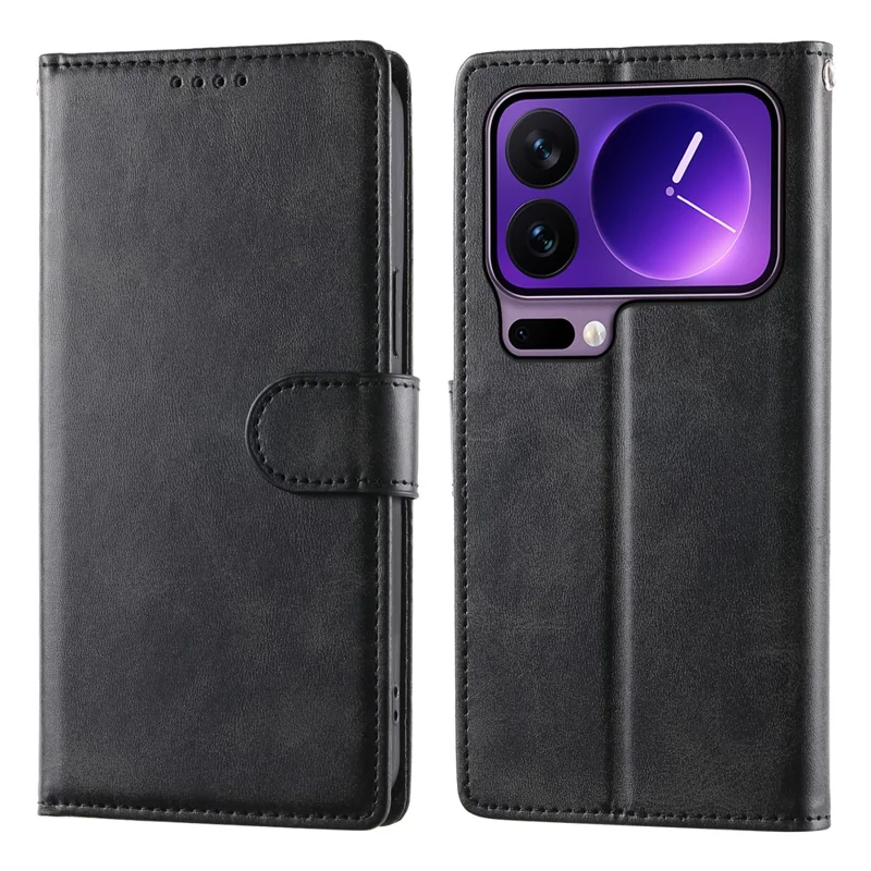 For Xiaomi 17 Pro Case Stand Wallet Calf Texture PU Leather Flip Phone Cover with Wrist Strap - Black