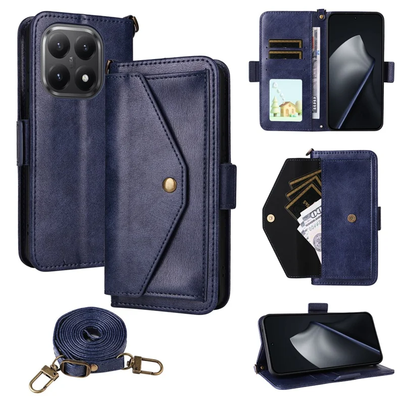 For Xiaomi 15T Leather Case Magnetic Closure Wallet Stand Phone Cover with Crossbody Strap - Blue
