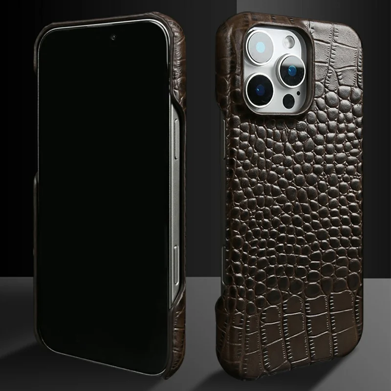 iPhone 15 Pro Hülle Krokodilleder-Textur Echtes Rindsleder beschichteter PC-Telefonschutz - Kaffee