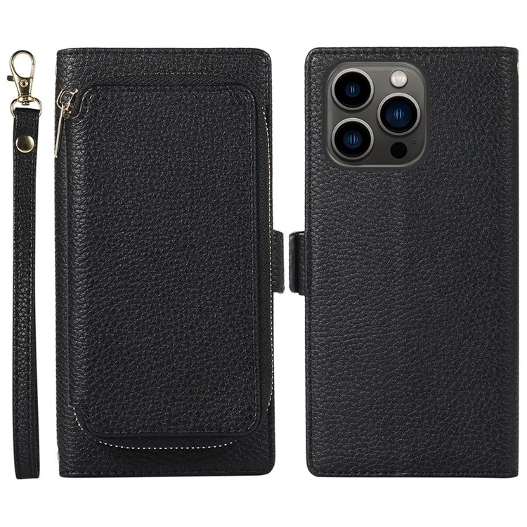 Caixa de Telefone da Carteira de 2 em 1 Para Iphone 14 Pro Max Litchi Textura Anti-Fall Caso de Couro Magnético PU Com Bolsa de Cartão Com Zíper / Alça - Preto