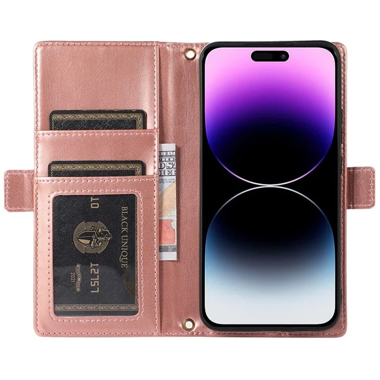 Caixa de Telefone da Carteira de 2 em 1 Para Iphone 14 Pro Max Litchi Textura Anti-Fall Caso de Couro Magnético PU Com Bolsa de Cartão Com Zíper / Alça - Preto