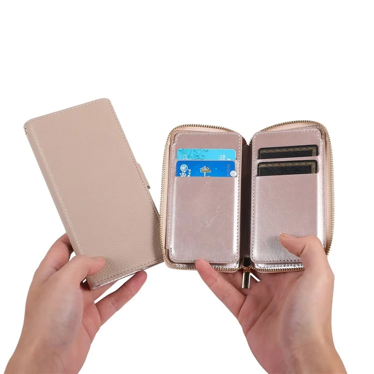 Caixa de Telefone da Carteira de 2 em 1 Para Iphone 14 Pro Max Litchi Textura Anti-Fall Caso de Couro Magnético PU Com Bolsa de Cartão Com Zíper / Alça - Preto