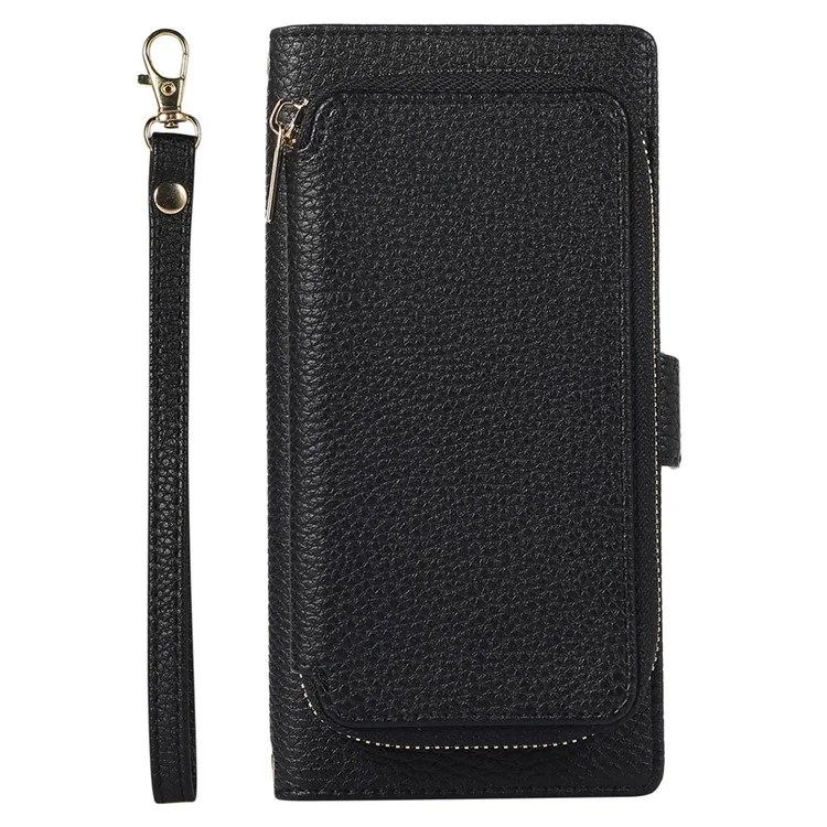 Caixa de Telefone da Carteira de 2 em 1 Para Iphone 14 Pro Max Litchi Textura Anti-Fall Caso de Couro Magnético PU Com Bolsa de Cartão Com Zíper / Alça - Preto