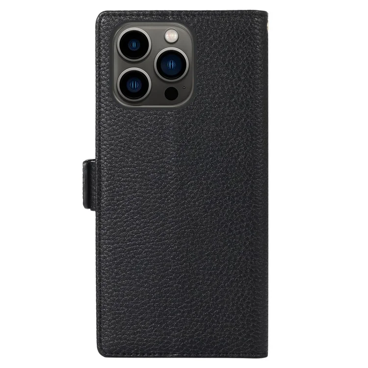Caixa de Telefone da Carteira de 2 em 1 Para Iphone 14 Pro Max Litchi Textura Anti-Fall Caso de Couro Magnético PU Com Bolsa de Cartão Com Zíper / Alça - Preto