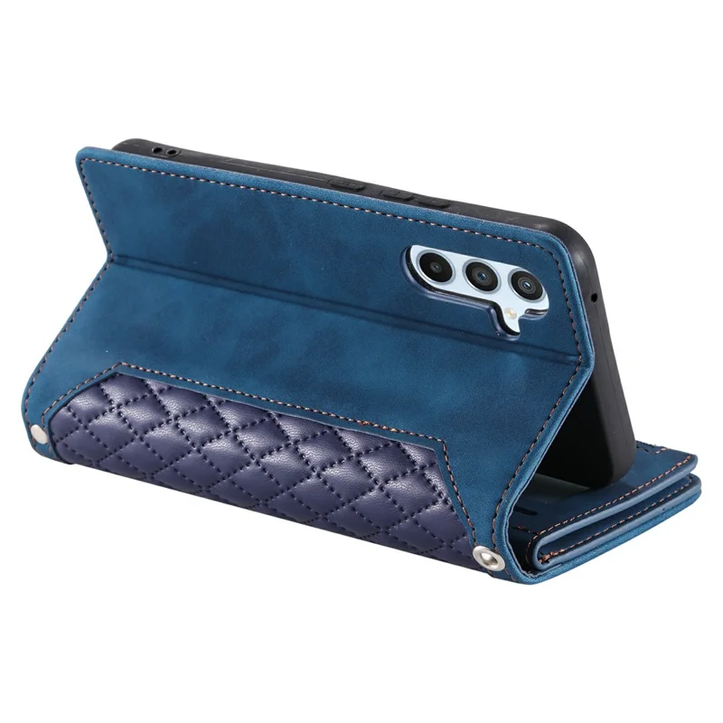For Samsung Galaxy S26 Wallet Case Rhombus Stitching Line PU Leather Phone Cover with Wrist Strap - Blue