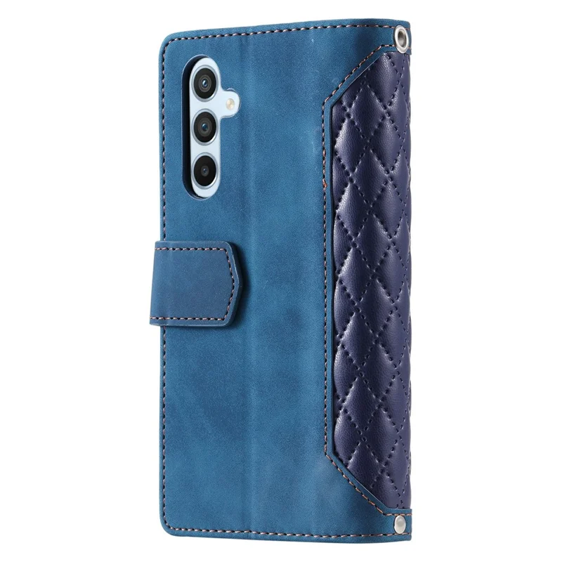 For Samsung Galaxy S26 Wallet Case Rhombus Stitching Line PU Leather Phone Cover with Wrist Strap - Blue